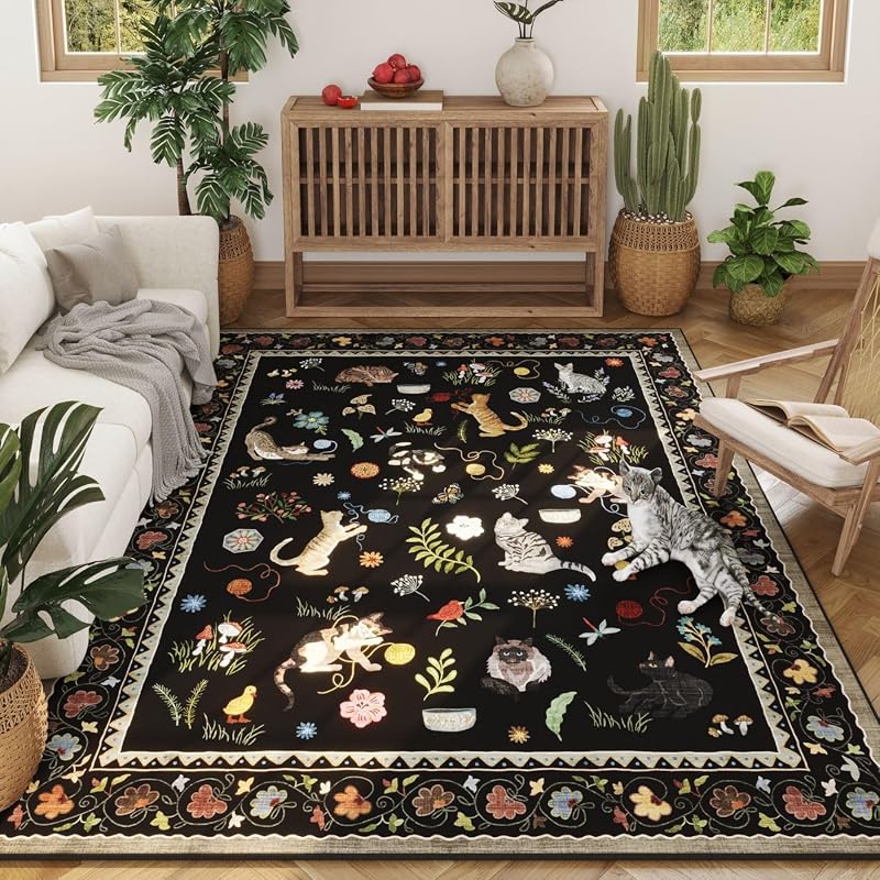 Rugcomf Floral Cat Area Rug